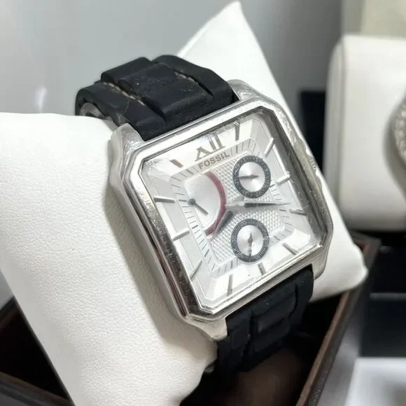 4/$100 Fossil Arkitekt FS-4143 Stainless Steel Watch Black Silicone Band